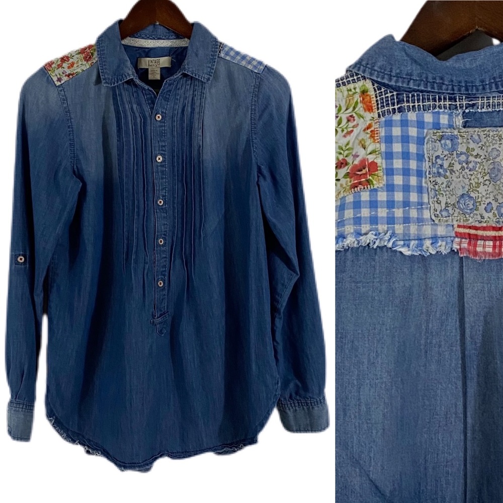 VINTAGE AMERICA Shirt Denim Western Patchwork Button Up Pintuck Pleating Sz S